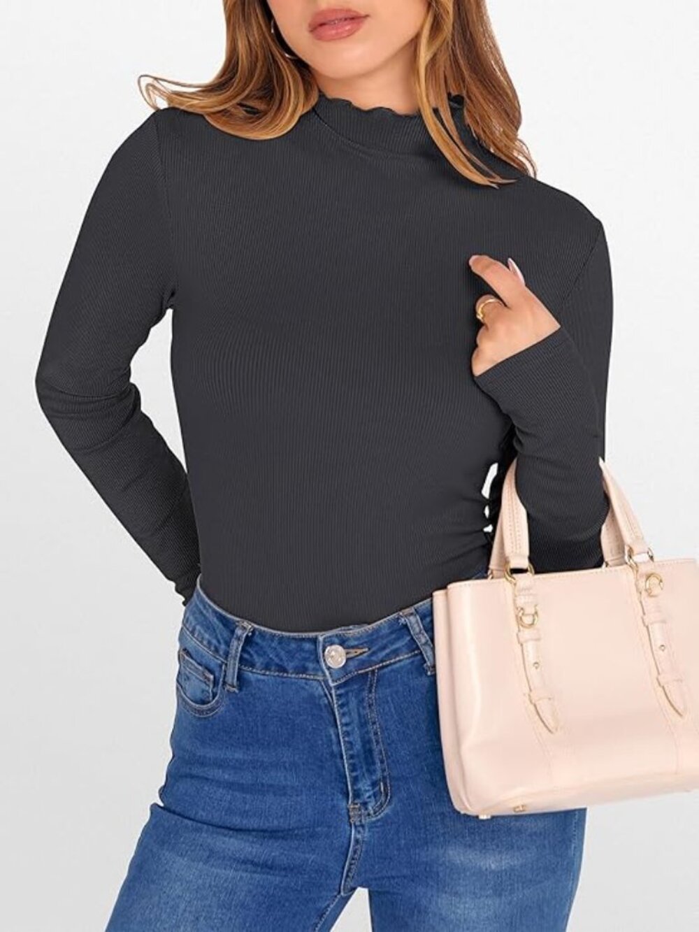Dark Gray Lettuce Trim Mock Neck Long Sleeve Shirt